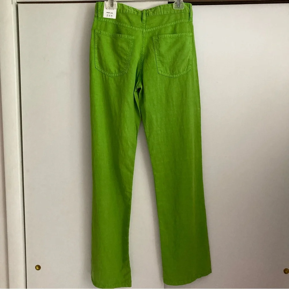 Zara Bright Green Linen Blend Mid Rise Full Length Wide Leg Pants, NWT Sz 4
